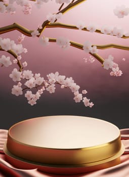 japanese style background. 3d podium white cherry blossom background for product presentation.