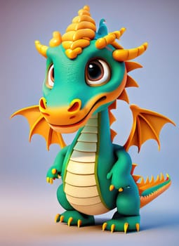 A Kawaii Baby Dragon. Bright and colorful 3D render computer generated. Adorable dragon baby with large eyes and realistic scales.