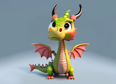 A Kawaii Baby Dragon. Bright and colorful 3D render computer generated. Adorable dragon baby with large eyes and realistic scales.