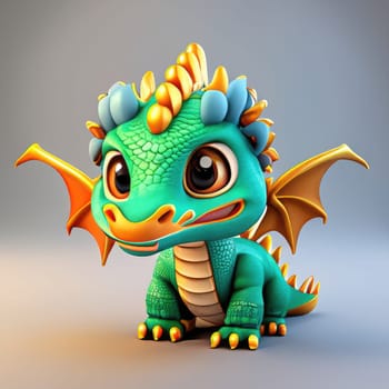 A Kawaii Baby Dragon. Bright and colorful 3D render computer generated. Adorable dragon baby with large eyes and realistic scales.