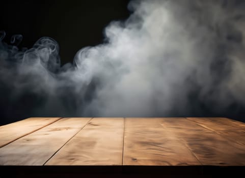  empty wooden table with cloud smoke float up on dark background