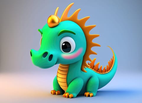 A Kawaii Baby Dragon. Bright and colorful 3D render computer generated. Adorable dragon baby with large eyes and realistic scales.