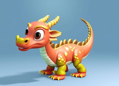 A Kawaii Baby Dragon. Bright and colorful 3D render computer generated. Adorable dragon baby with large eyes and realistic scales.