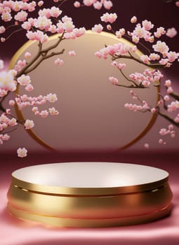 japanese style background. 3d podium white cherry blossom background for product presentation.