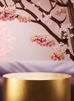 japanese style background. 3d podium white cherry blossom background for product presentation.