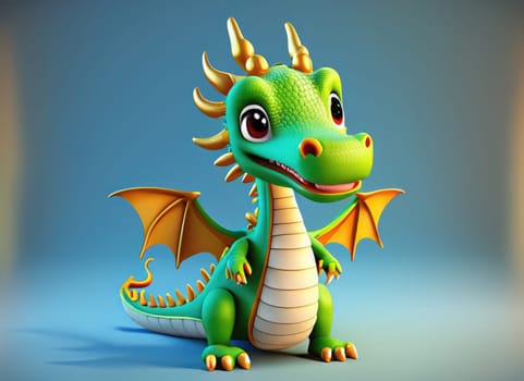 A Kawaii Baby Dragon. Bright and colorful 3D render computer generated. Adorable dragon baby with large eyes and realistic scales.