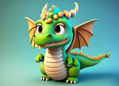 A Kawaii Baby Dragon. Bright and colorful 3D render computer generated. Adorable dragon baby with large eyes and realistic scales.