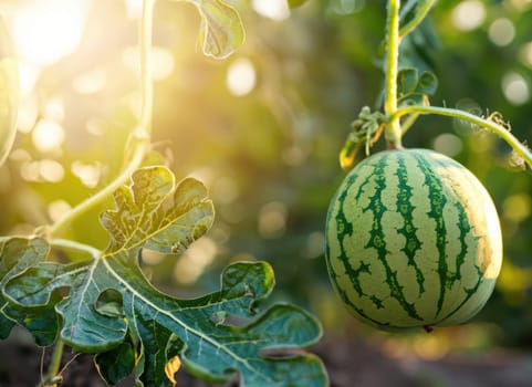 watermelon grows on a tree in the harvest garden on everning sun flare.
