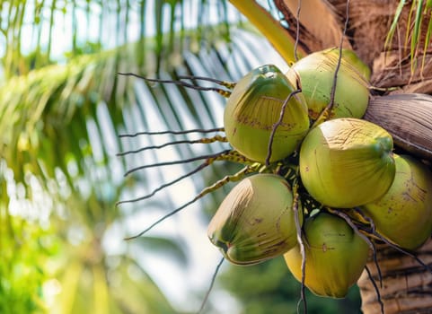 Coconut grows on a tree in the harvest garden on everning sun flare.