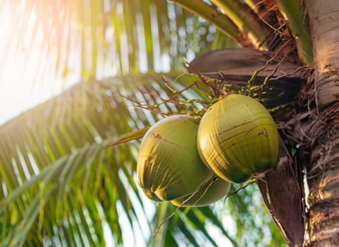 Coconut grows on a tree in the harvest garden on everning sun flare.