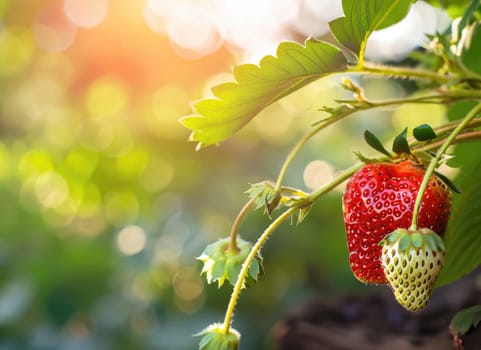 strawberry grows on a tree in the harvest garden on everning sun flare blur bokeh background