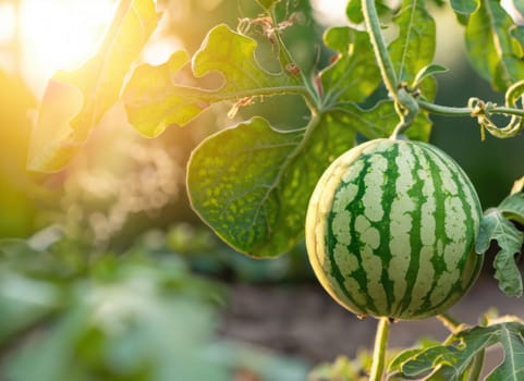 watermelon grows on a tree in the harvest garden on everning sun flare.