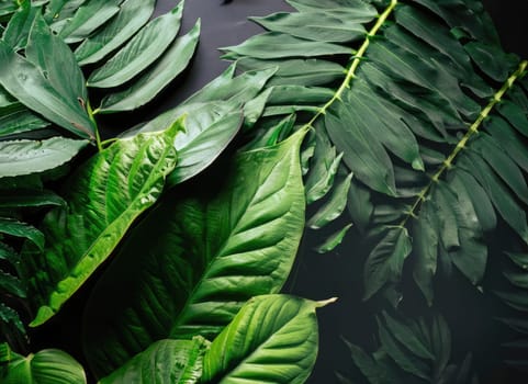 Tropical green leaves on dark background, nature summer forest plant concept