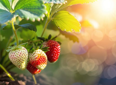 strawberry grows on a tree in the harvest garden on everning sun flare blur bokeh background