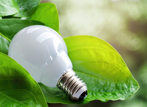 light bulb against nature on green leaf, Sustainable developmen and responsible environment