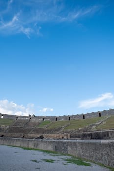 Pompeii, Italy : 2023 November 16 : Panorama of the Roman Amphitheater of Pompeii at Ancient Pompeii (UNESCO World Heritage Site). In November 2023.