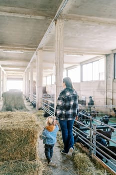 Mom leads a little girl by the hand past the haystacks on the farm. High quality photo