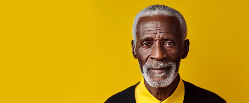 Handsome elegant, elderly African American man, on a yellow background, banner, close-up, copy space. Advertising of cosmetic products, spa treatments, shampoos and hair care products, dentistry and medicine, perfumes and cosmetology for senior men.