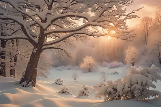 Beautiful winter landscape with snowy trees. Winter landscape with trees covered with snowflakes on the background.