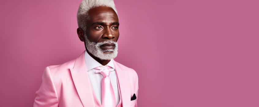 Handsome elegant, elderly African American man, on a pink background, banner, close-up, copy space. Advertising of cosmetic products, spa treatments, shampoos and hair care products, dentistry and medicine, perfumes and cosmetology for senior men.