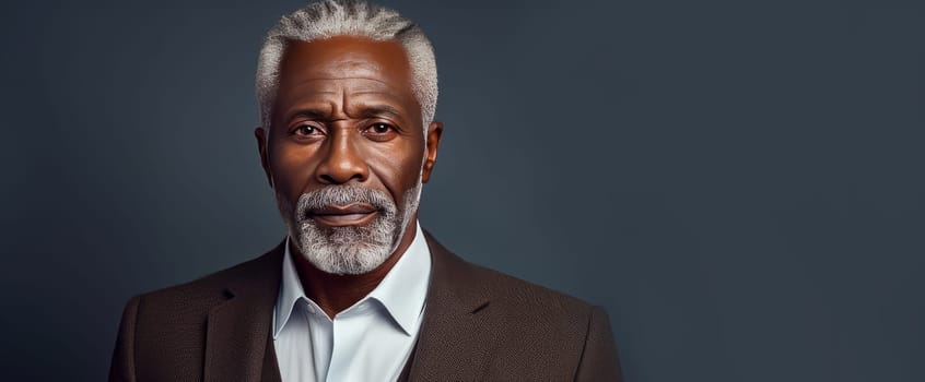 Handsome elegant, elderly African American man, on a silver background, banner, close-up, copy space. Advertising of cosmetic products, spa treatments, shampoos and hair care products, dentistry and medicine, perfumes and cosmetology for senior men.