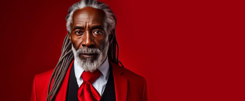Handsome elderly black African American man with long dreadlocked hair, on a red background, banner. Advertising of cosmetic products, spa treatments, shampoos and hair care products, dentistry and medicine, perfumes and cosmetology for senior men.