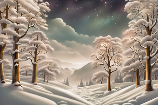 Beautiful winter landscape with snowy trees. Winter landscape with trees covered with snowflakes on the background.