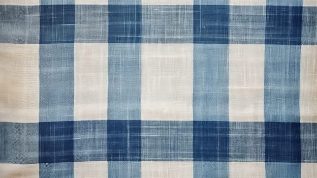 Background made of natural linen fabric in a checkered pattern, blue and natural colors.