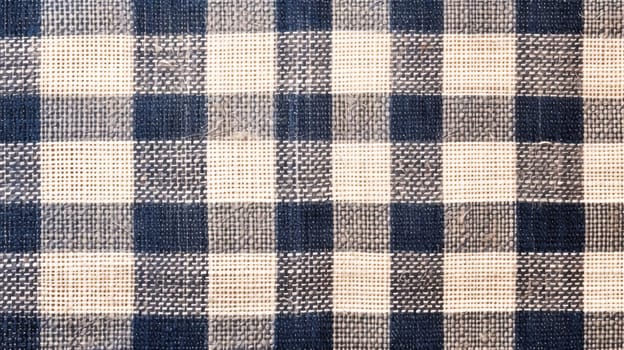 Background made of natural linen fabric in a checkered pattern, blue and natural colors.