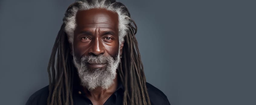 Handsome elderly black African American man with long dreadlocked hair, on a gray background, banner. Advertising of cosmetic products, spa treatments, shampoos and hair care products, dentistry and medicine, perfumes and cosmetology for senior men.