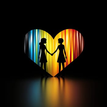 Two lesbian woman silhouettes holding hands in one heart shape with rainbow colors isolated on black background.