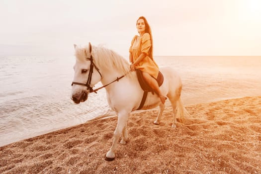 A white horse and a woman in a dress stand on a beach, with the sky and sea creating a picturesque backdrop for the scene