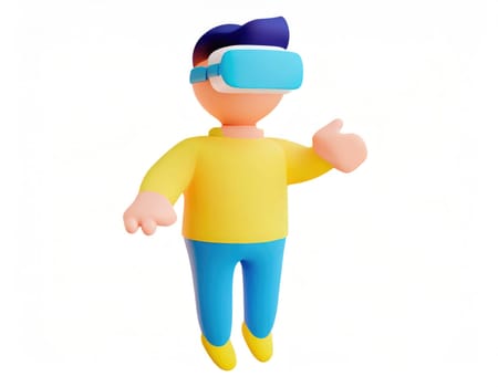 Cartoon character wearing vr glasses headset, body floating in cyberspace. Concept of immersion and metaverse