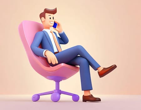 3D Character Office worker on telephone conversation, sitting in a portable chair