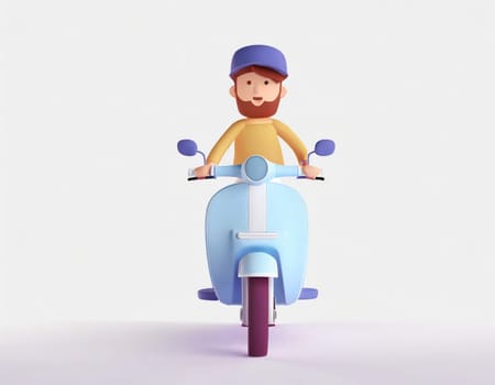 3D Character Delivery man riding a motorcycle with delivery box.