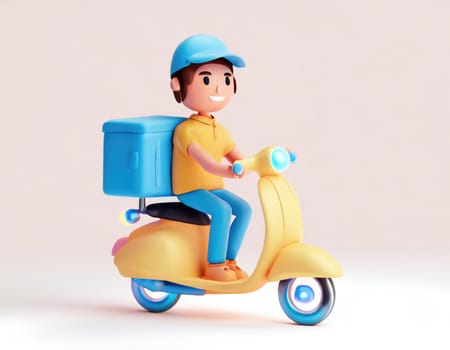 3D Character Delivery man riding a motorcycle with delivery box.