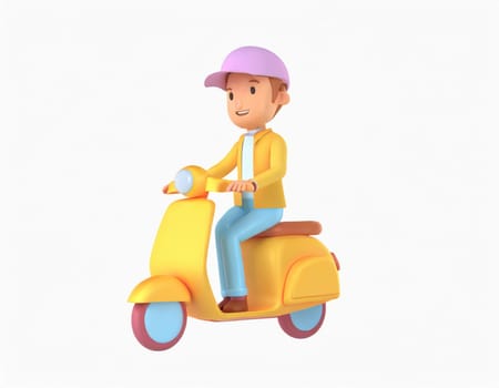 3D Character Delivery man riding a motorcycle with delivery box.