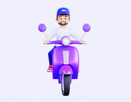 3D Character Delivery man riding a motorcycle with delivery box.