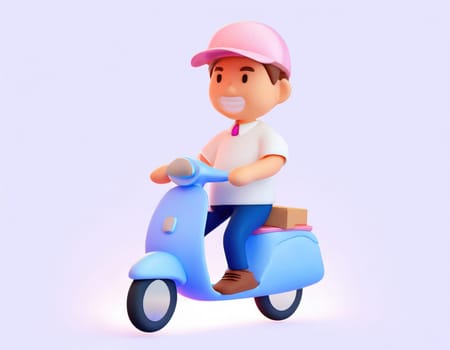 3D Character Delivery man riding a motorcycle with delivery box.