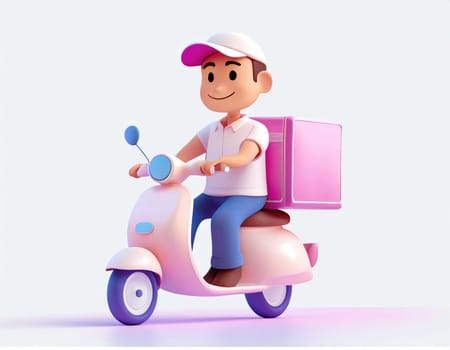 3D Character Delivery man riding a motorcycle with delivery box.