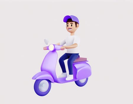 3D Character Delivery man riding a motorcycle with delivery box.