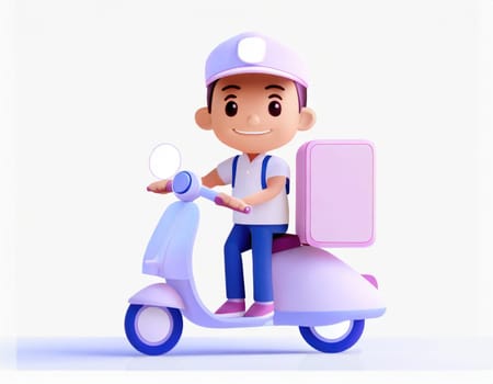 3D Character Delivery man riding a motorcycle with delivery box.