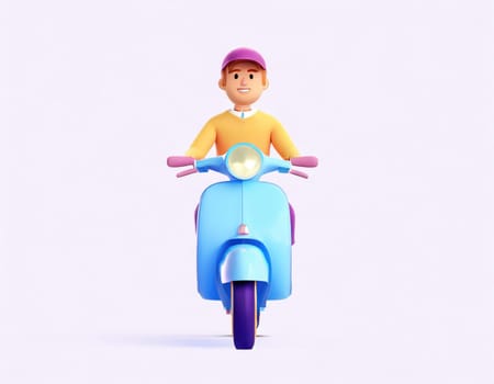 3D Character Delivery man riding a motorcycle with delivery box.