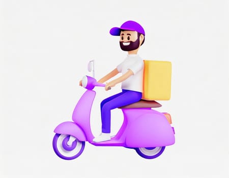 3D Character Delivery man riding a motorcycle with delivery box.