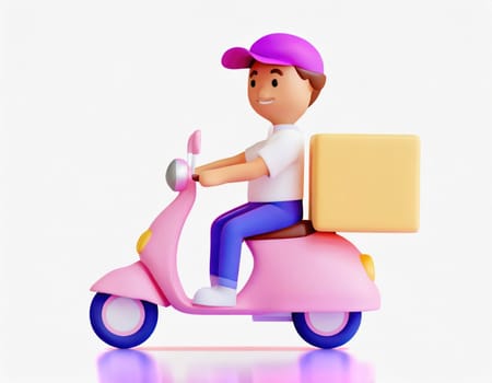 3D Character Delivery man riding a motorcycle with delivery box.