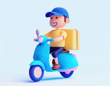 3D Character Delivery man riding a motorcycle with delivery box.