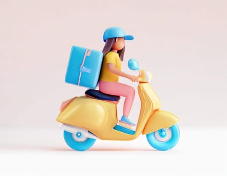 3D Character Delivery man riding a motorcycle with delivery box.