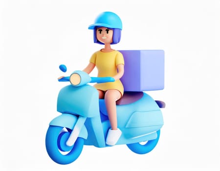 3D Character Delivery man riding a motorcycle with delivery box.