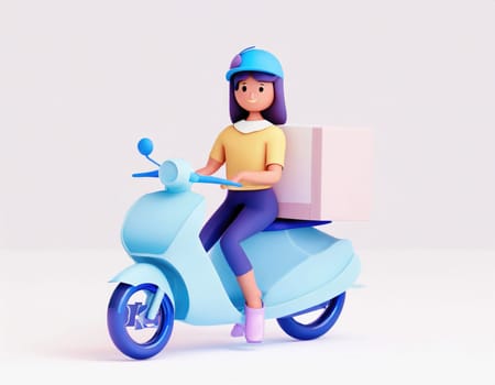 3D Character Delivery man riding a motorcycle with delivery box.