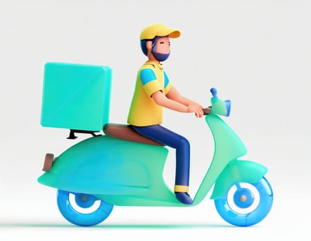 3D Character Delivery man riding a motorcycle with delivery box.